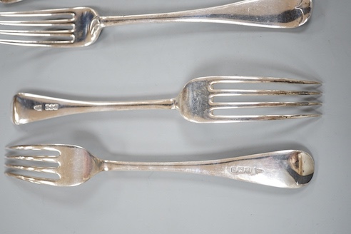 A set of six Edwardian silver Hanovarian pattern table forks, Walker & Hall, Sheffield, 1909, 14oz.
